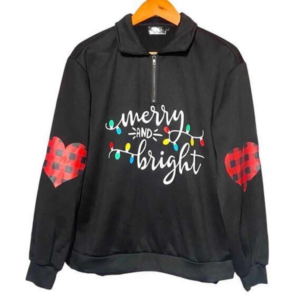 Spadehill Women's Black Christmas Sweatshirt Merry & Bright‎ 1/4 Zip Size Large